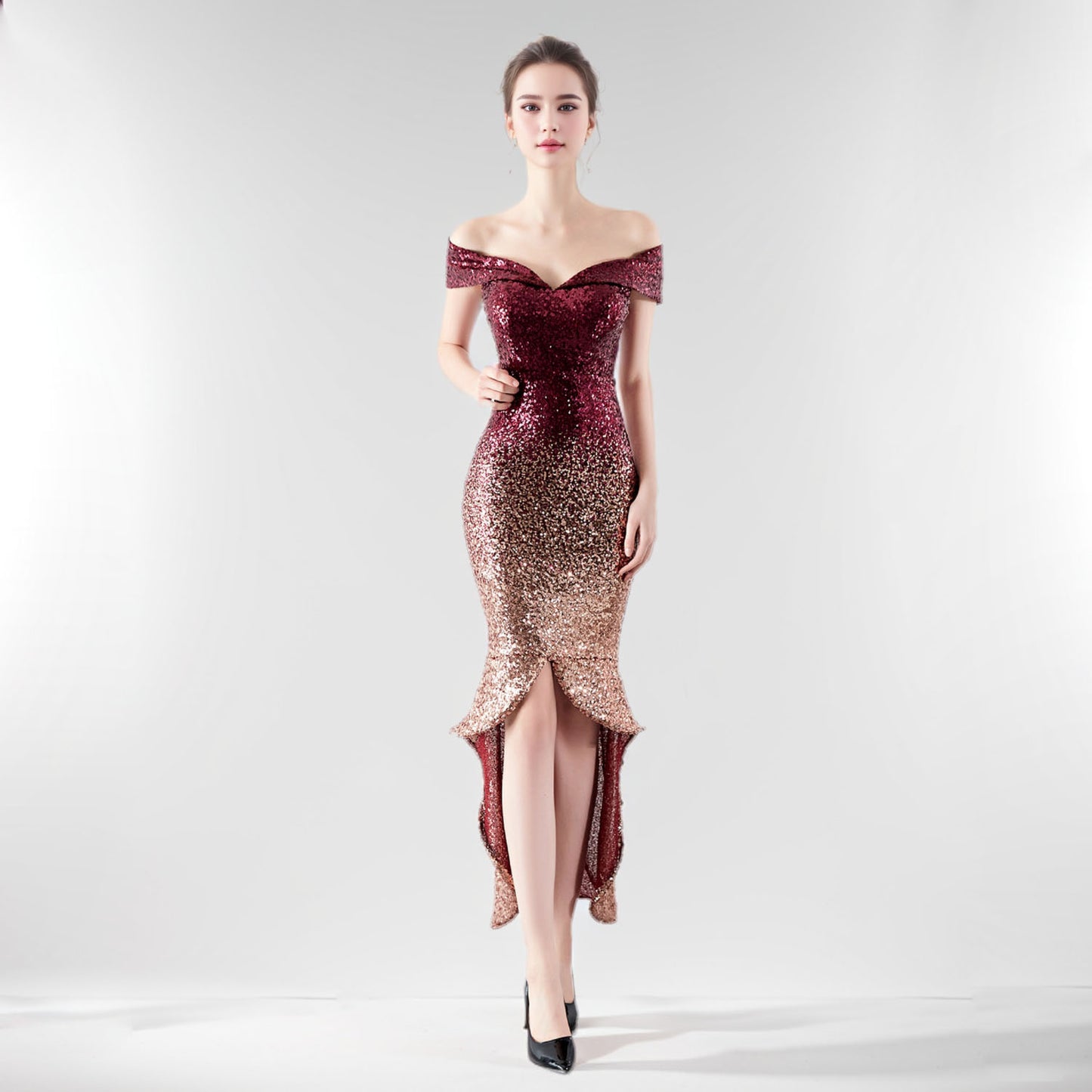 Stunning Ombre Sequin Off-Shoulder Evening Dress with High-Low Hemline and Front Slit – Perfect for Glamorous Occasions | 16173