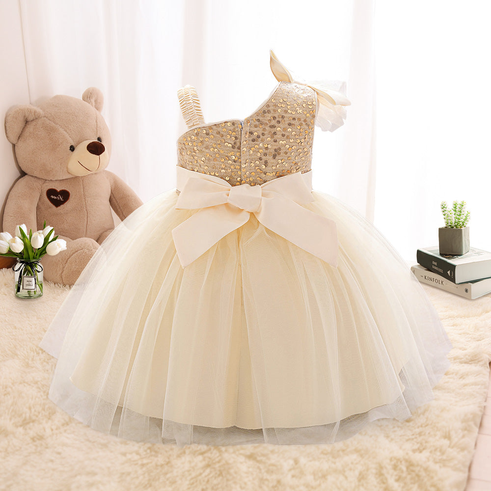 Adorable One-Shoulder Red Sequin Flower Girl Dress with Bow & Tulle Skirt - Perfect for Special Occasions | LAL21