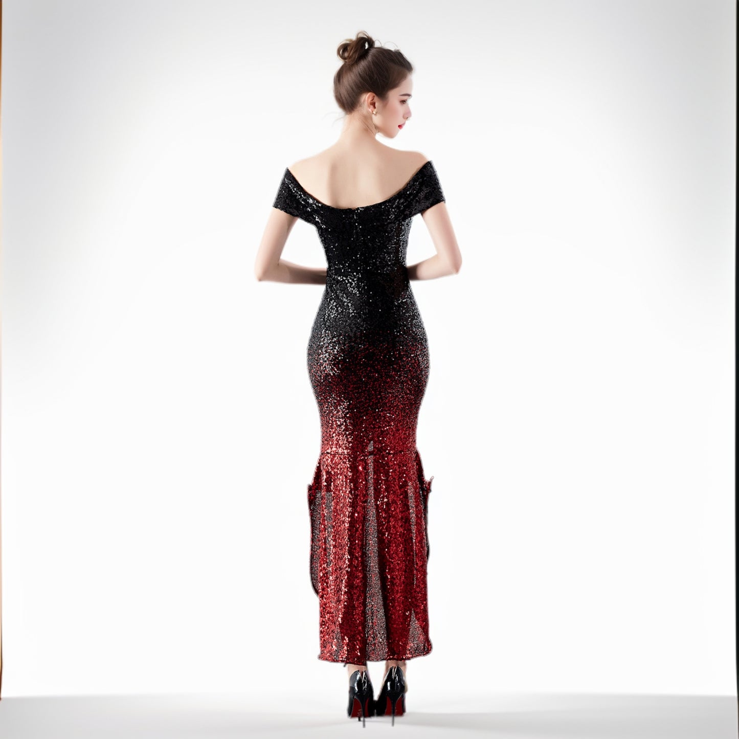 Stunning Ombre Sequin Off-Shoulder Evening Dress with High-Low Hemline and Front Slit – Perfect for Glamorous Occasions | 16173