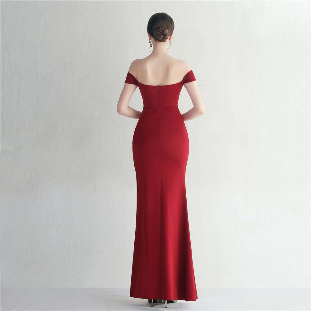 Elegant Off-Shoulder Burgundy Evening Gown with High Slit | Formal Prom Dress | 19725