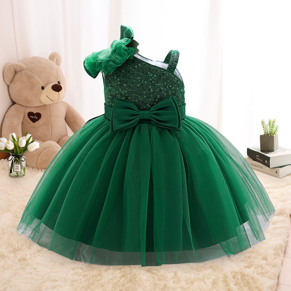 Adorable One-Shoulder Red Sequin Flower Girl Dress with Bow & Tulle Skirt - Perfect for Special Occasions | LAL21