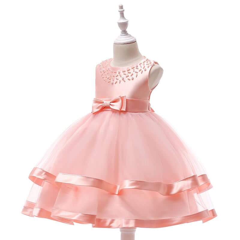 Girls' Sleeveless Satin Bowknot Tulle Flower Girl Dress  | L5017