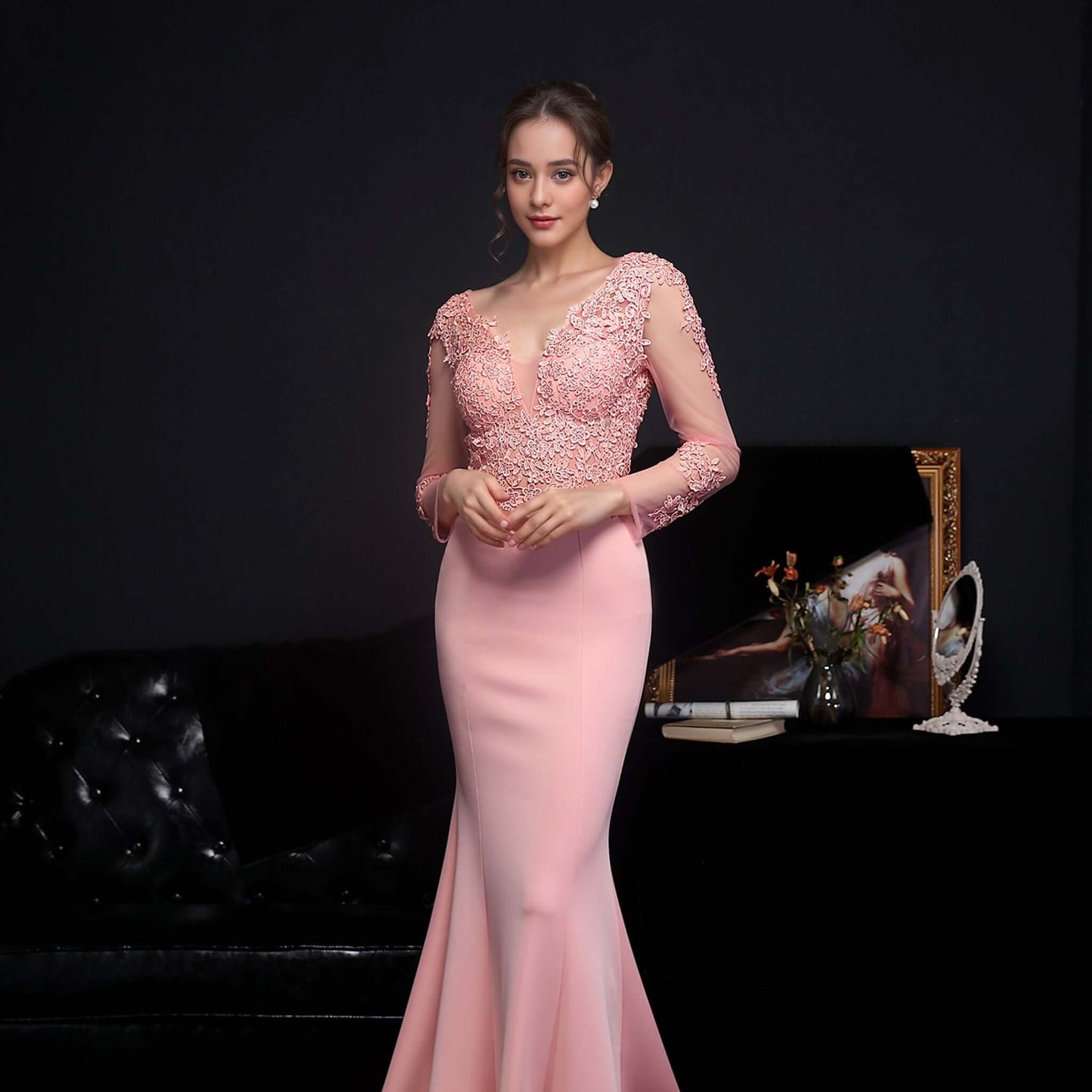 Elegant Nude Pink Long Sleeve Mermaid Evening Gown with Lace Applique | 18659