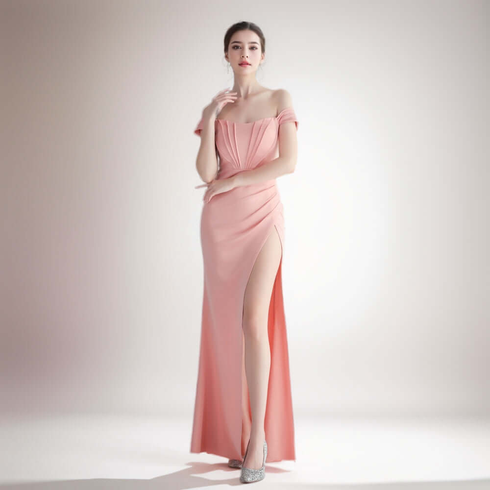 Elegant Off-Shoulder Burgundy Evening Gown with High Slit | Formal Prom Dress | 19725
