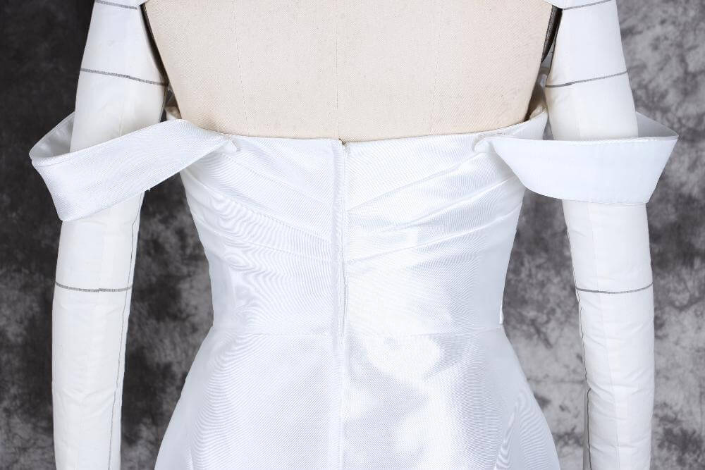 Elegant Off-the-Shoulder Satin Wedding Dress with Fishtail and Train – Perfect Bridal Gown for a Timeless Look | WL