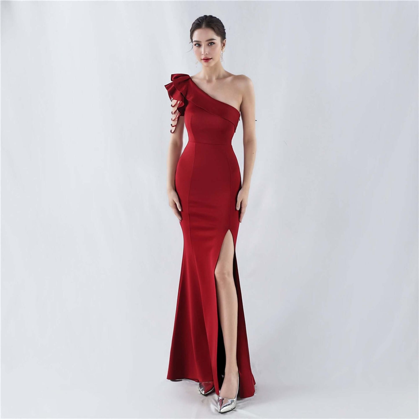 Elegant One-Shoulder Evening Gown with Ruffle Detail and Side Slit – Perfect for Formal Events | 33007