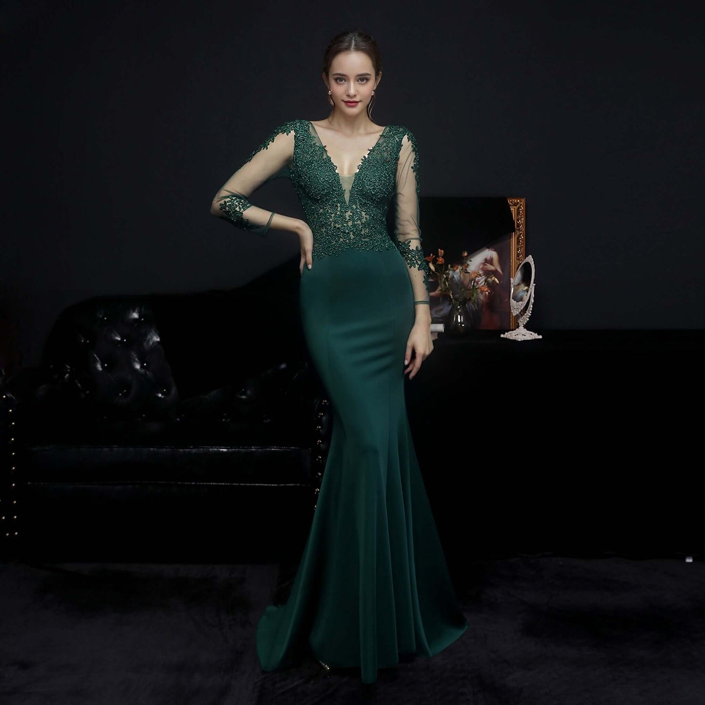 Elegant Nude Pink Long Sleeve Mermaid Evening Gown with Lace Applique | 18659