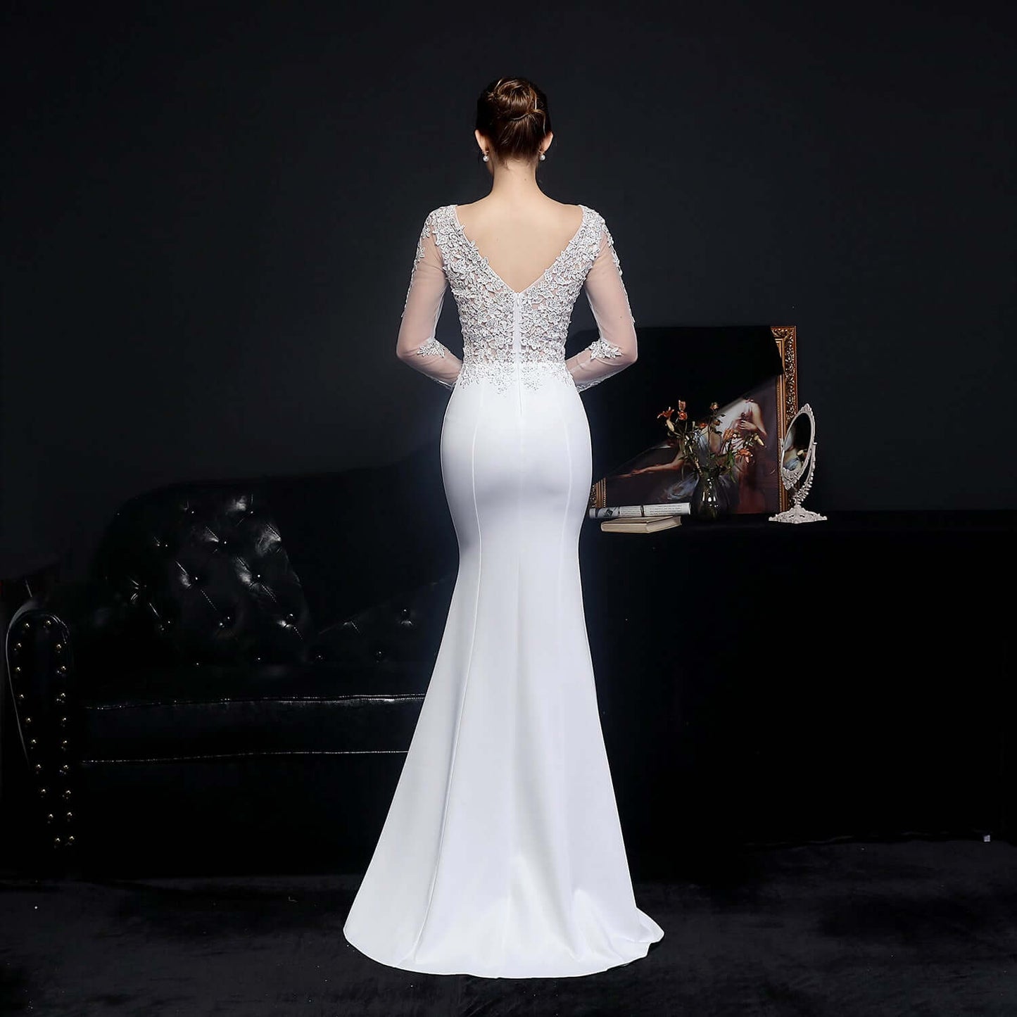 Elegant Nude Pink Long Sleeve Mermaid Evening Gown with Lace Applique | 18659