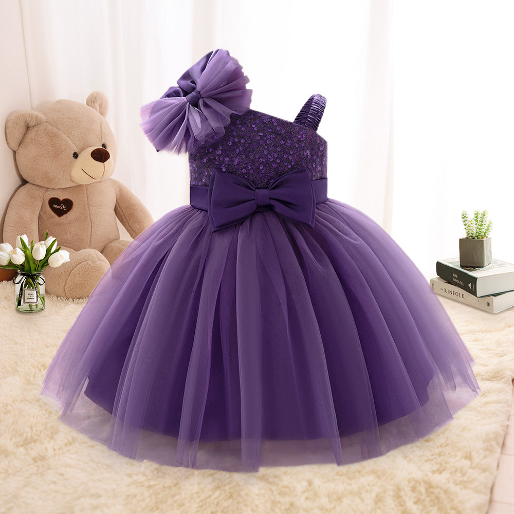 Adorable One-Shoulder Red Sequin Flower Girl Dress with Bow & Tulle Skirt - Perfect for Special Occasions | LAL21
