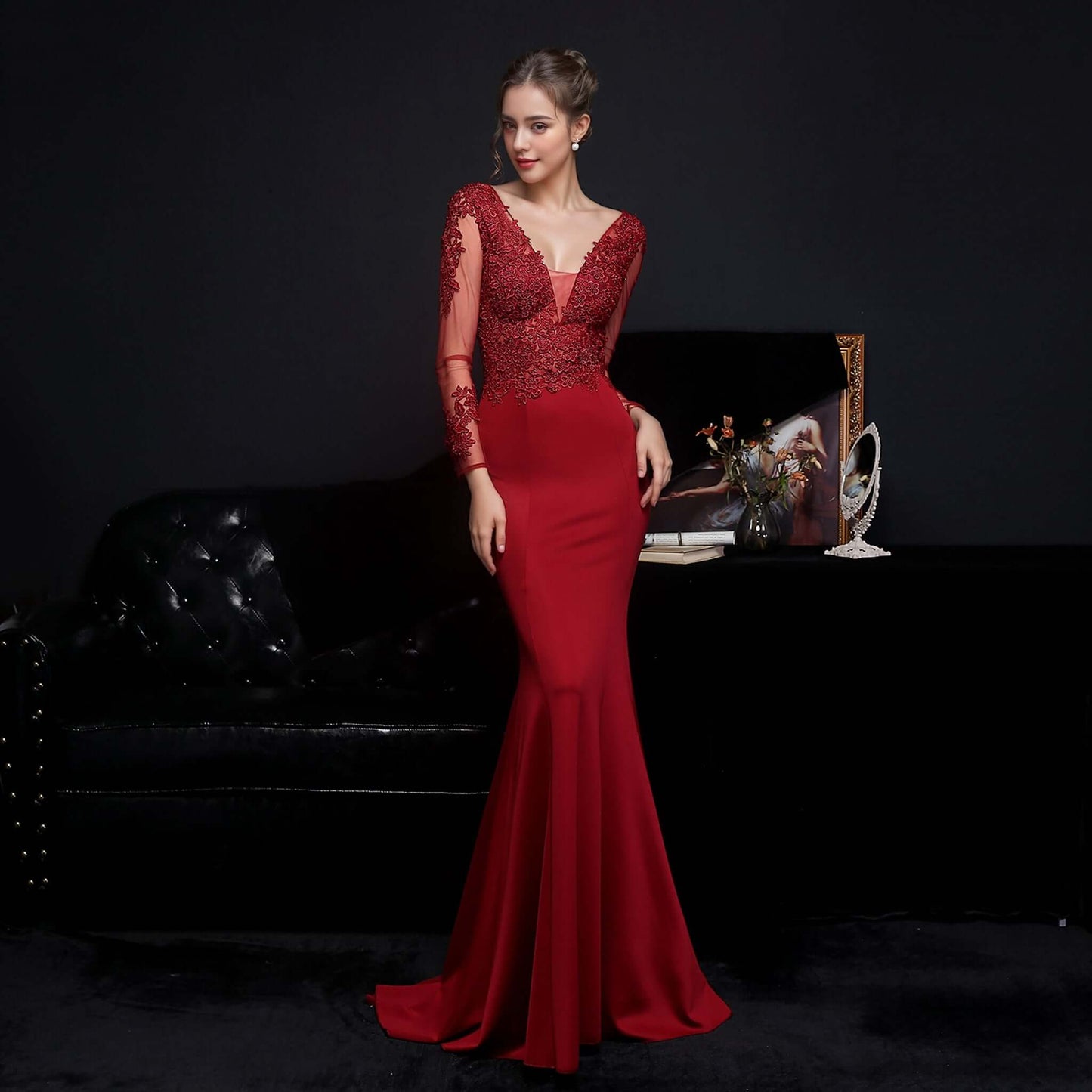Elegant Nude Pink Long Sleeve Mermaid Evening Gown with Lace Applique | 18659