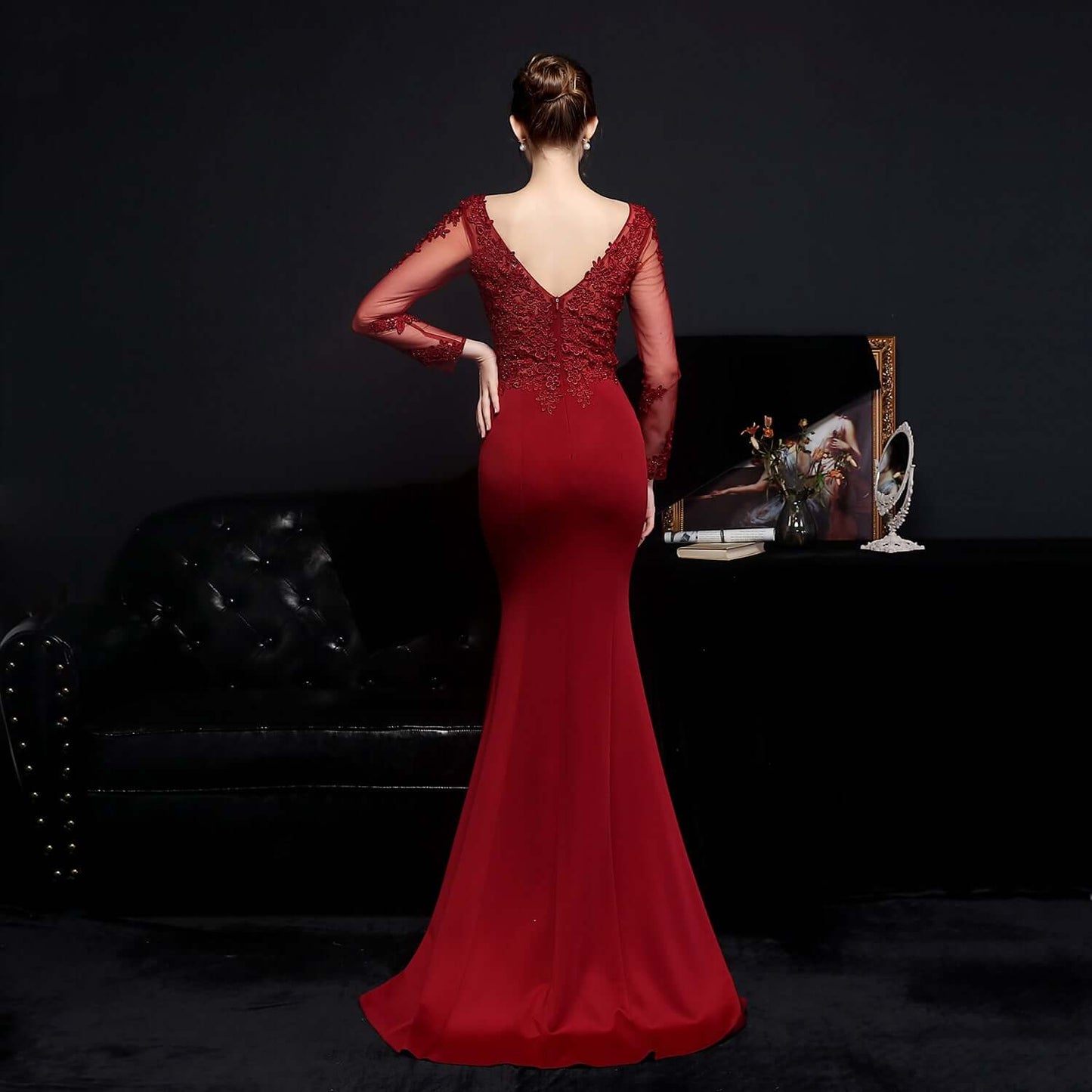 Elegant Nude Pink Long Sleeve Mermaid Evening Gown with Lace Applique | 18659