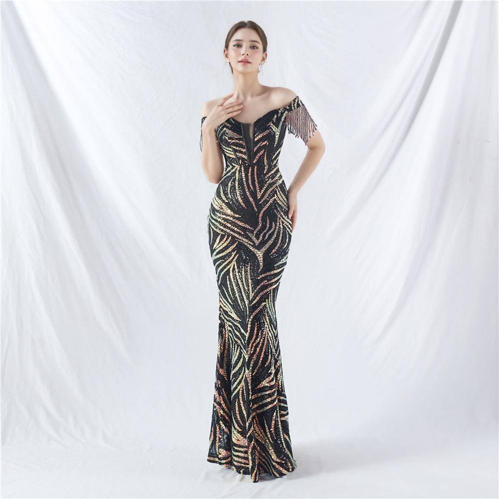 Elegant Off-Shoulder Red Sequin Gown with Fringe Sleeves for Formal Occasions | 31963