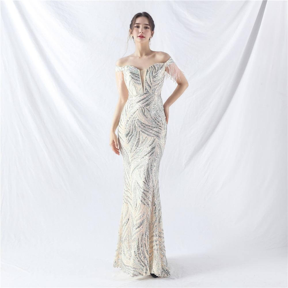 Elegant Off-Shoulder Red Sequin Gown with Fringe Sleeves for Formal Occasions | 31963