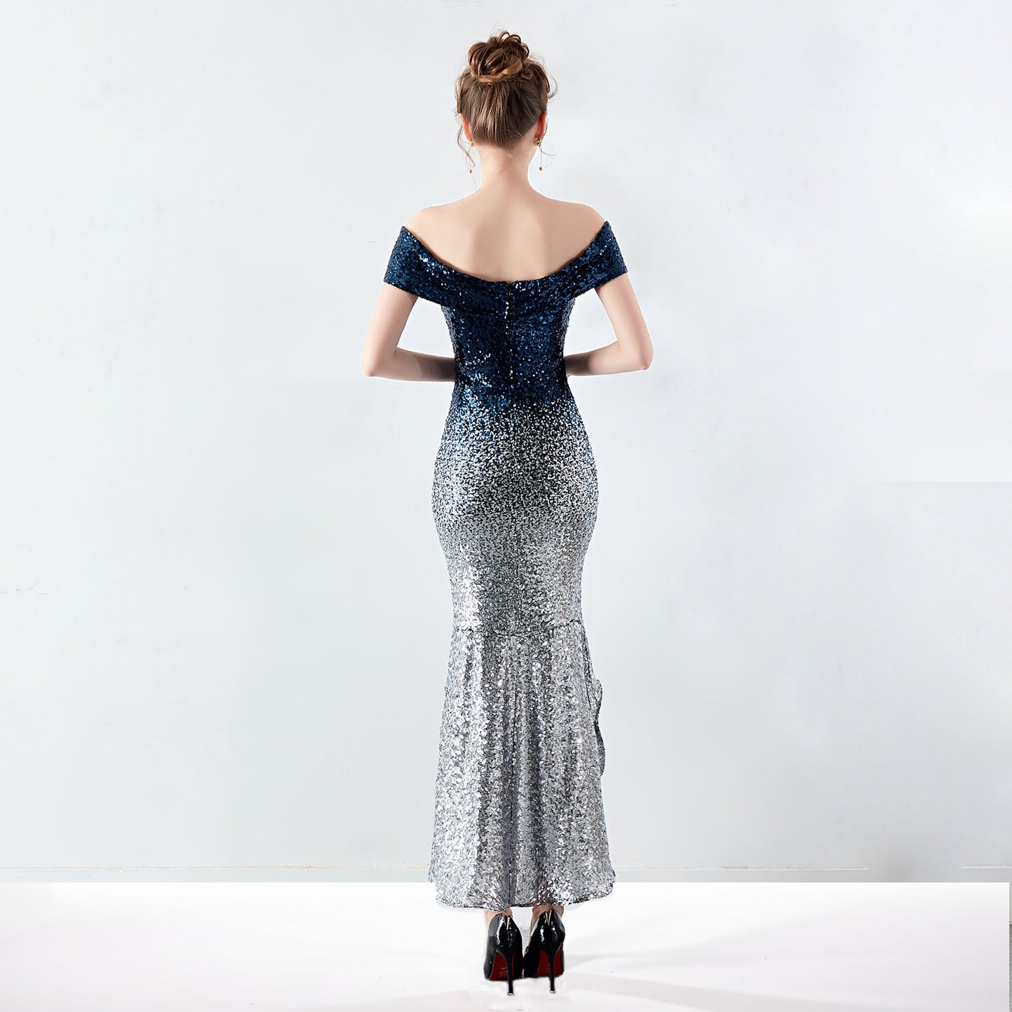 Stunning Ombre Sequin Off-Shoulder Evening Dress with High-Low Hemline and Front Slit – Perfect for Glamorous Occasions | 16173