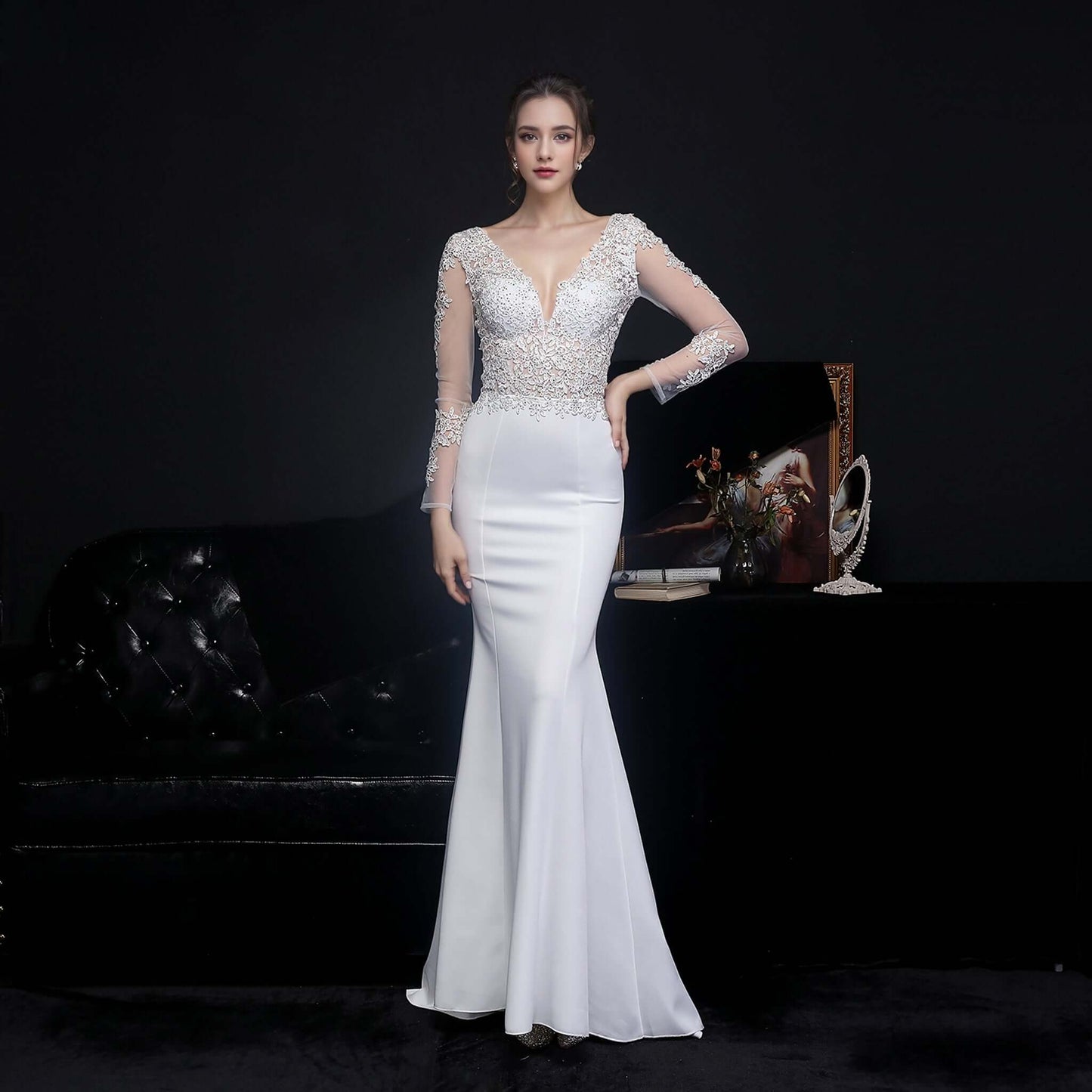 Elegant Nude Pink Long Sleeve Mermaid Evening Gown with Lace Applique | 18659