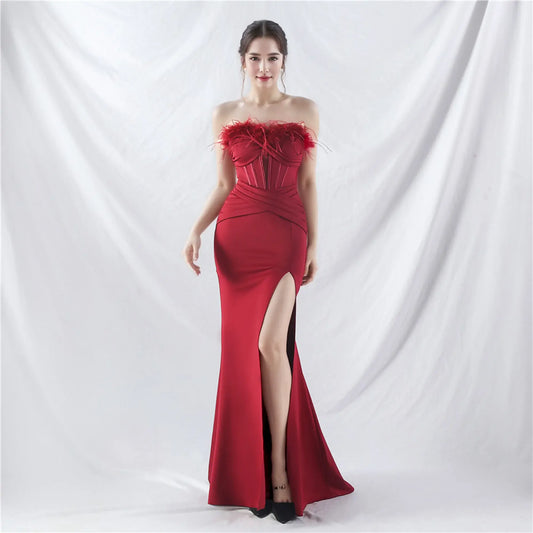 Corset Evening Gown with Feather Details and High Slit - Perfect for Prom and Formal Events | 31990