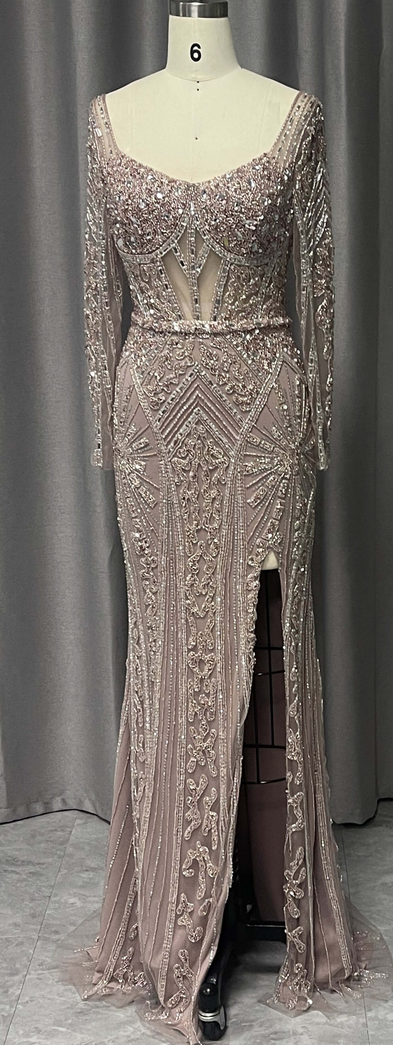 Luxurious Beaded Evening Dress - Elegant Long Sleeve Gown with Intricate Handcrafted Details, Perfect for Prom and Special Events | Pre Order 020924