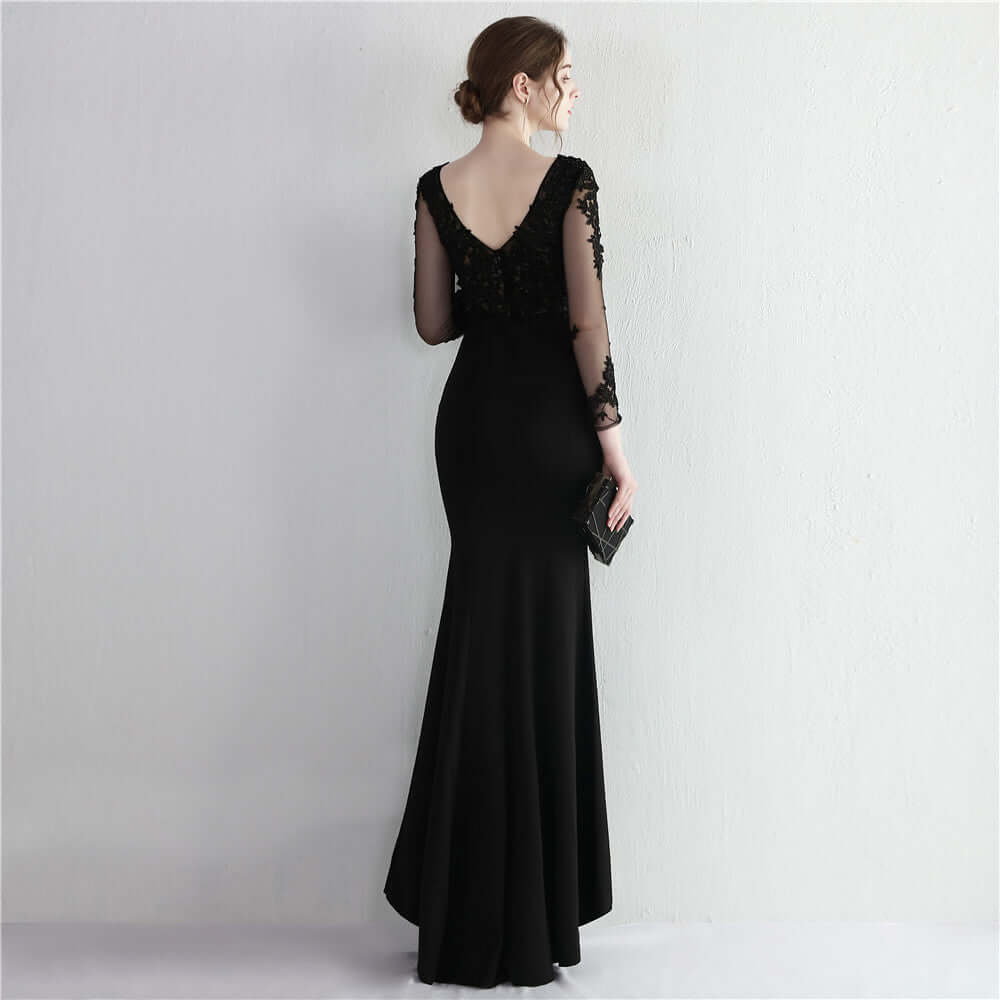 Elegant Nude Pink Long Sleeve Mermaid Evening Gown with Lace Applique | 18659