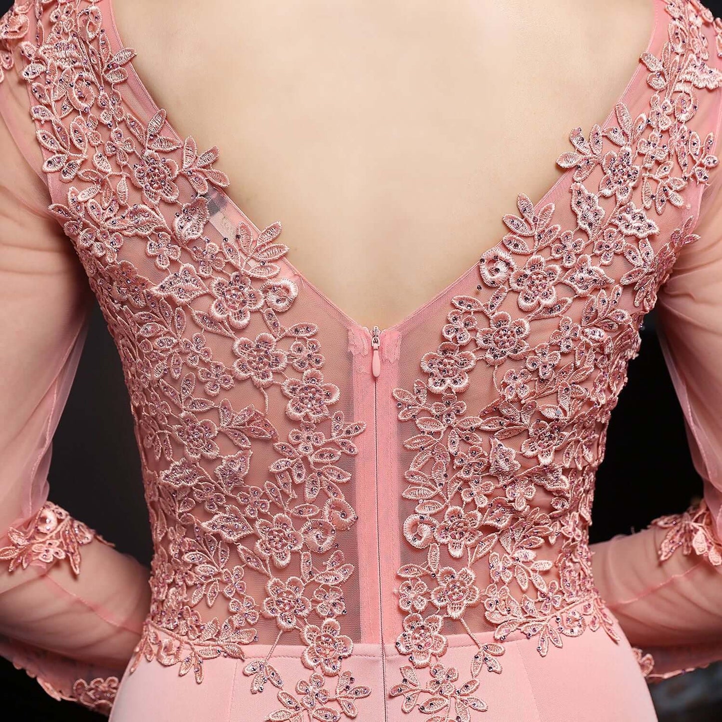 Elegant Nude Pink Long Sleeve Mermaid Evening Gown with Lace Applique | 18659