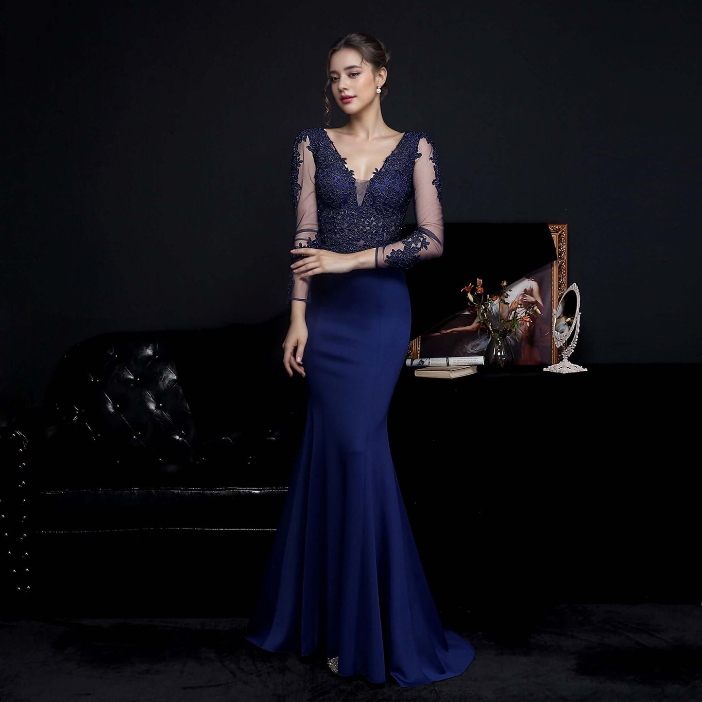 Elegant Nude Pink Long Sleeve Mermaid Evening Gown with Lace Applique | 18659
