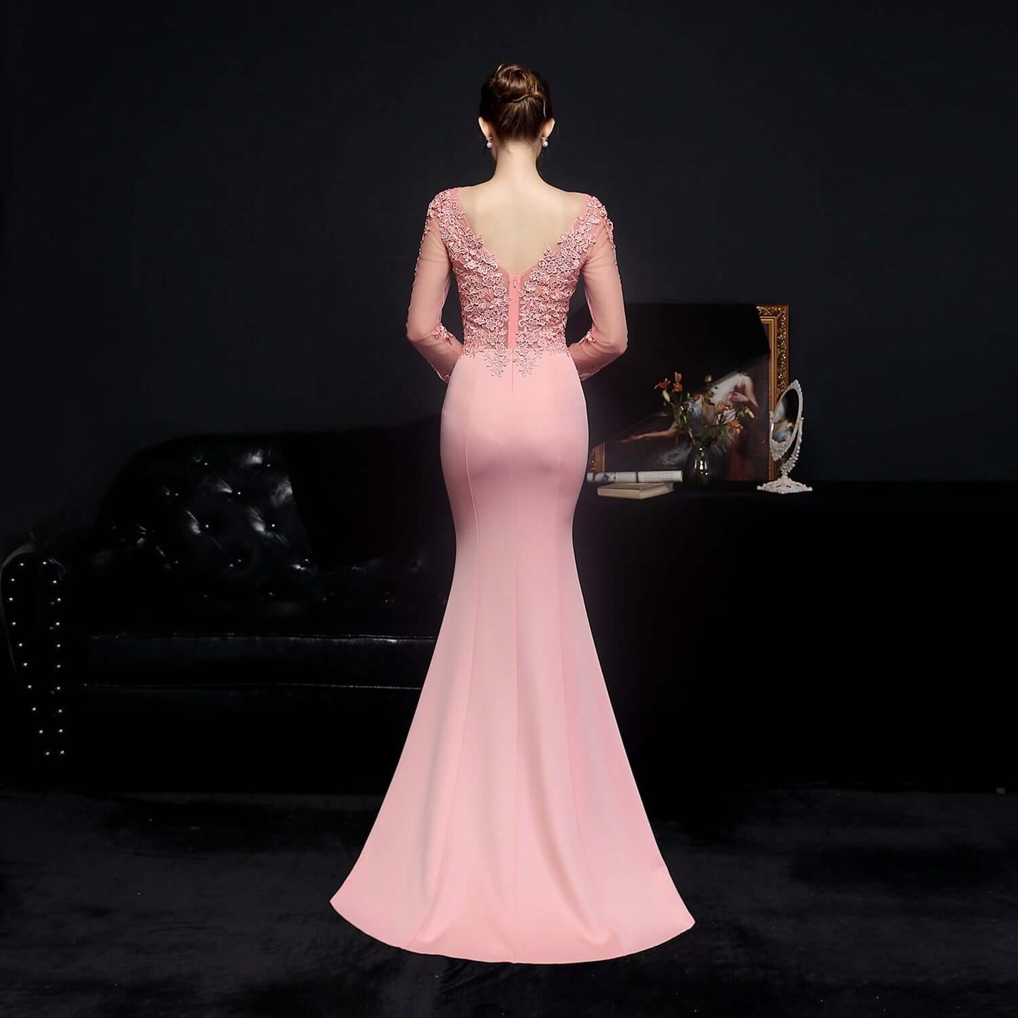 Elegant Nude Pink Long Sleeve Mermaid Evening Gown with Lace Applique | 18659