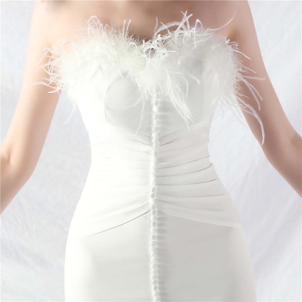 Stretchy Jersey Evening Dress Feather Neckline Center Front Slit Buttons Line-Perfect for Prom& Formal Events
