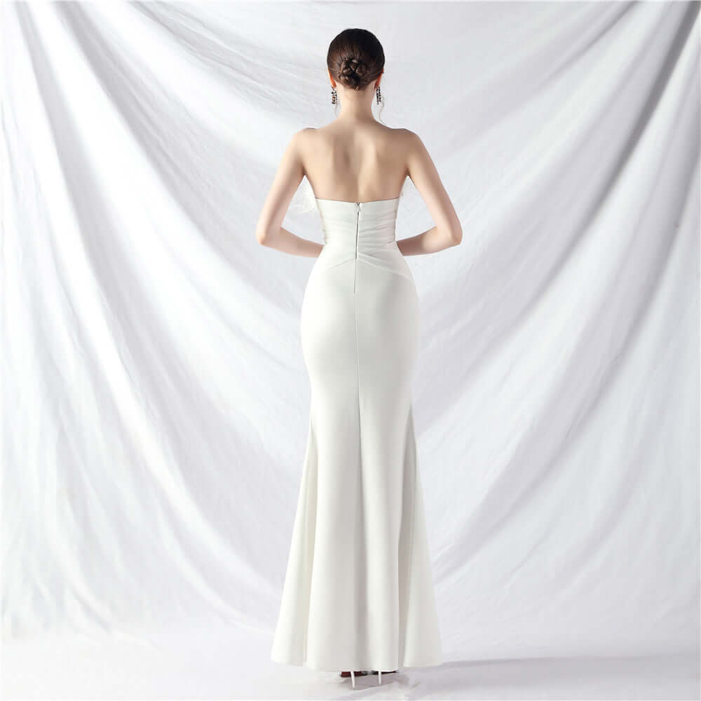 Stretchy Jersey Evening Dress Feather Neckline Center Front Slit Buttons Line-Perfect for Prom& Formal Events