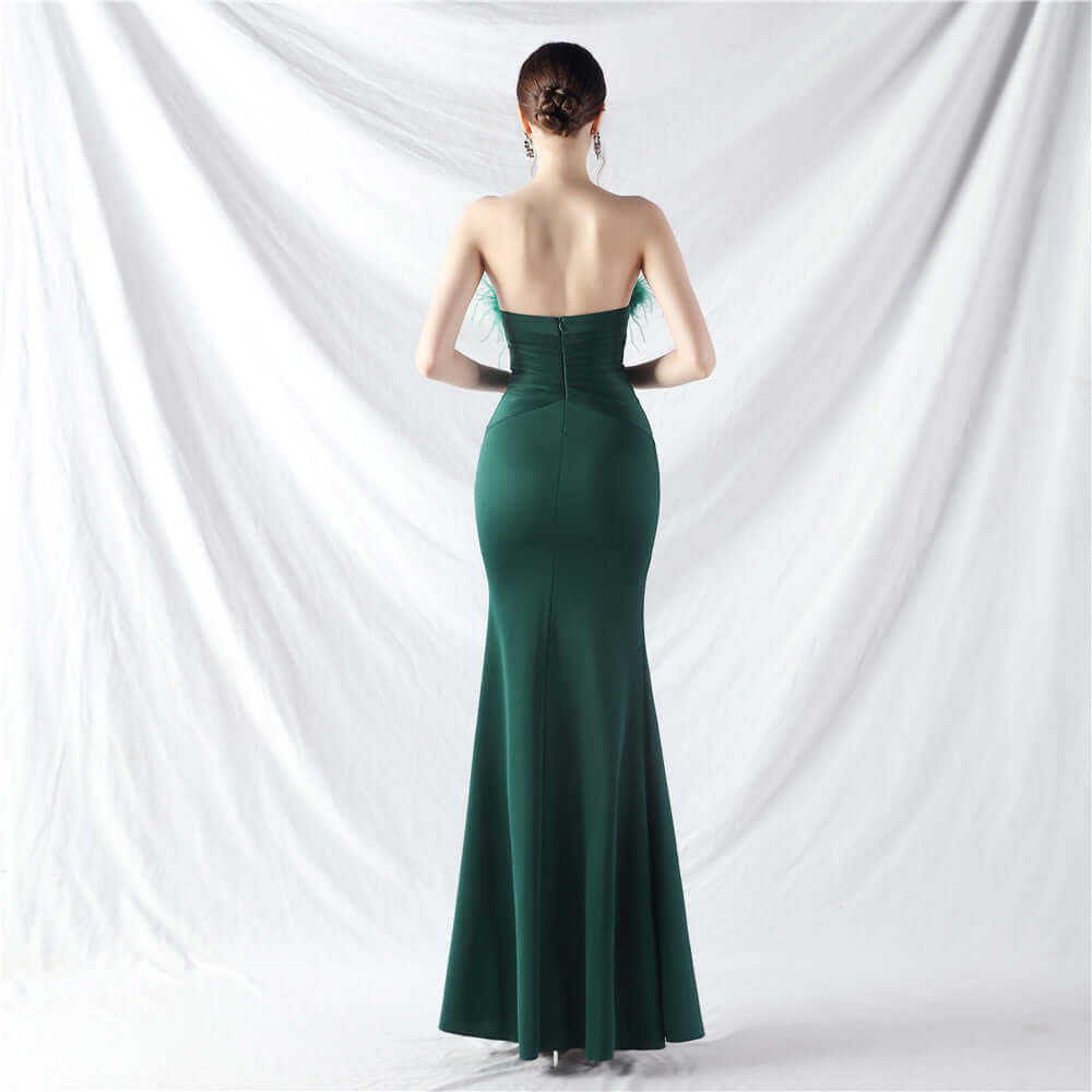 Stretchy Jersey Evening Dress Feather Neckline Center Front Slit Buttons Line-Perfect for Prom& Formal Events