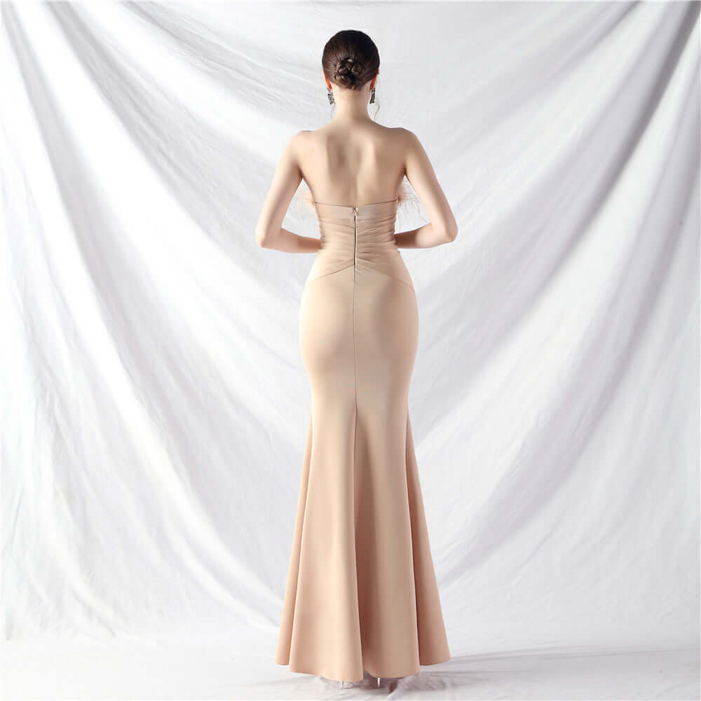 Stretchy Jersey Evening Dress Feather Neckline Center Front Slit Buttons Line-Perfect for Prom& Formal Events