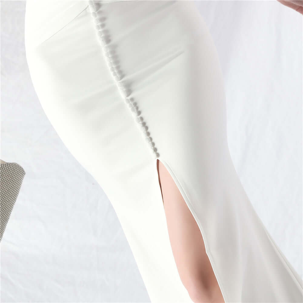 Stretchy Jersey Evening Dress Feather Neckline Center Front Slit Buttons Line-Perfect for Prom& Formal Events