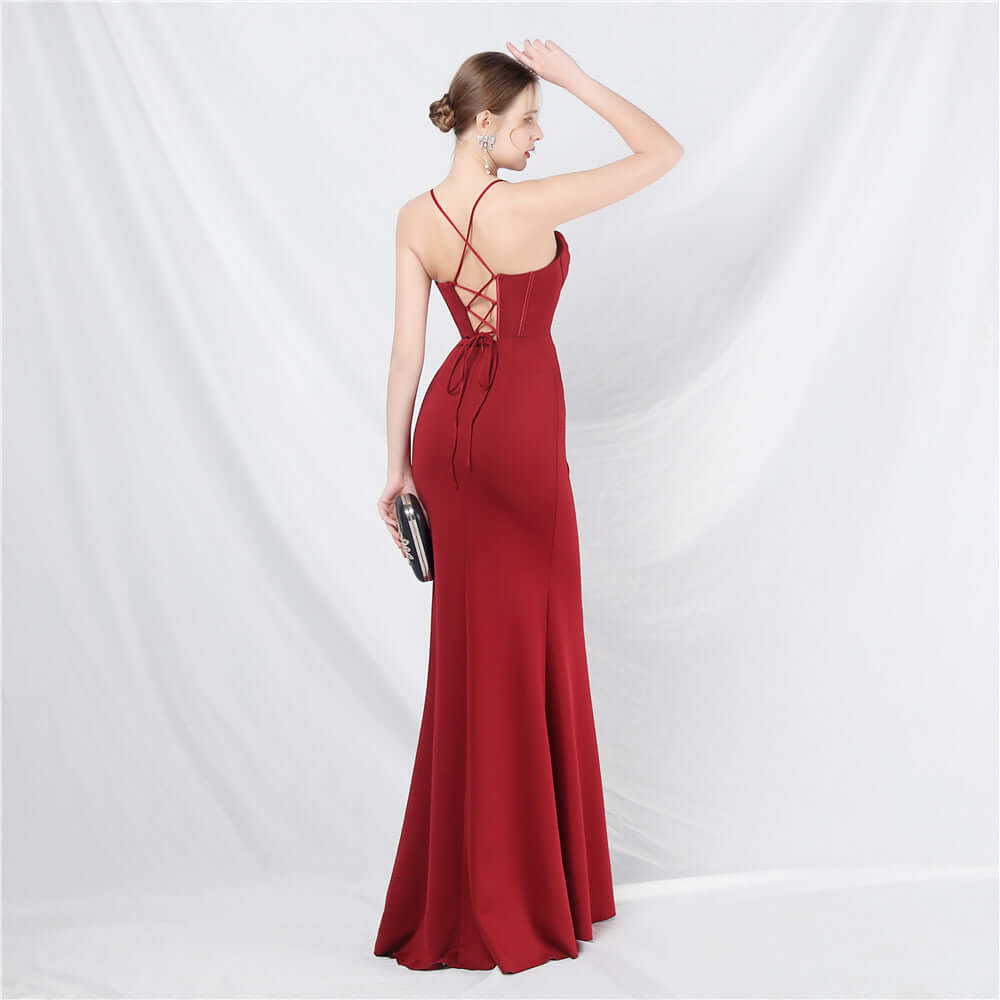 Elegant Beaded Neckline Spaghetti Strap High Slit Evening Gown - Perfect for Prom & Formal Events