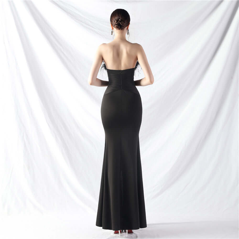 Stretchy Jersey Evening Dress Feather Neckline Center Front Slit Buttons Line-Perfect for Prom& Formal Events