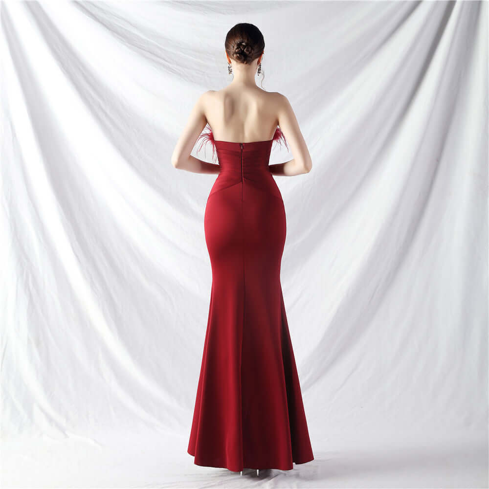 Stretchy Jersey Evening Dress Feather Neckline Center Front Slit Buttons Line-Perfect for Prom& Formal Events