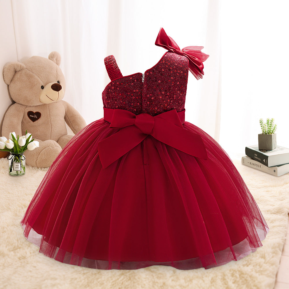 Adorable One-Shoulder Red Sequin Flower Girl Dress with Bow & Tulle Skirt - Perfect for Special Occasions | LAL21