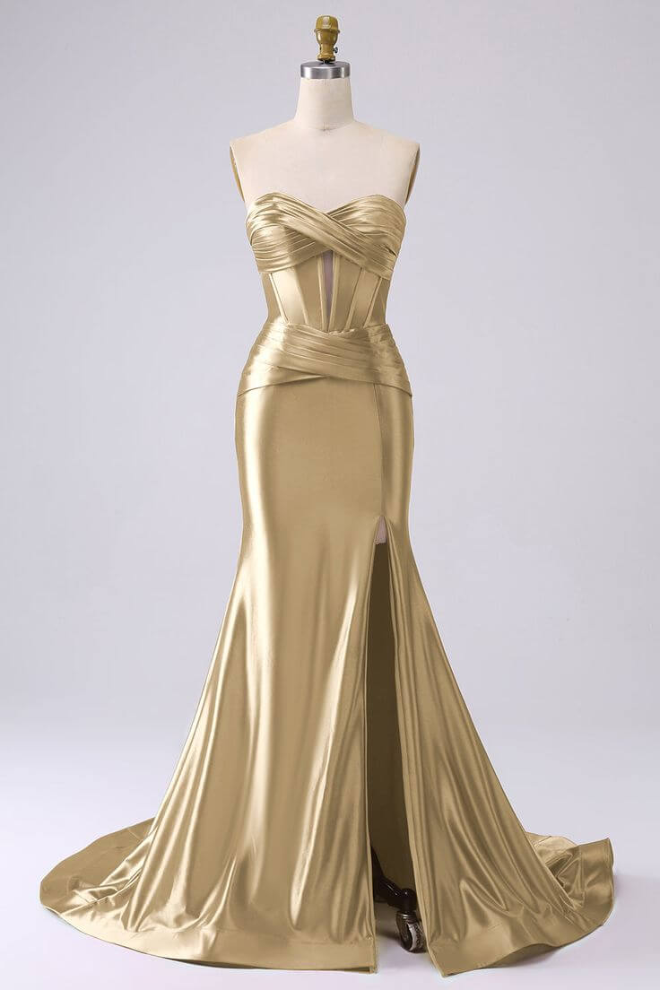 Satin gown with high slit for prom