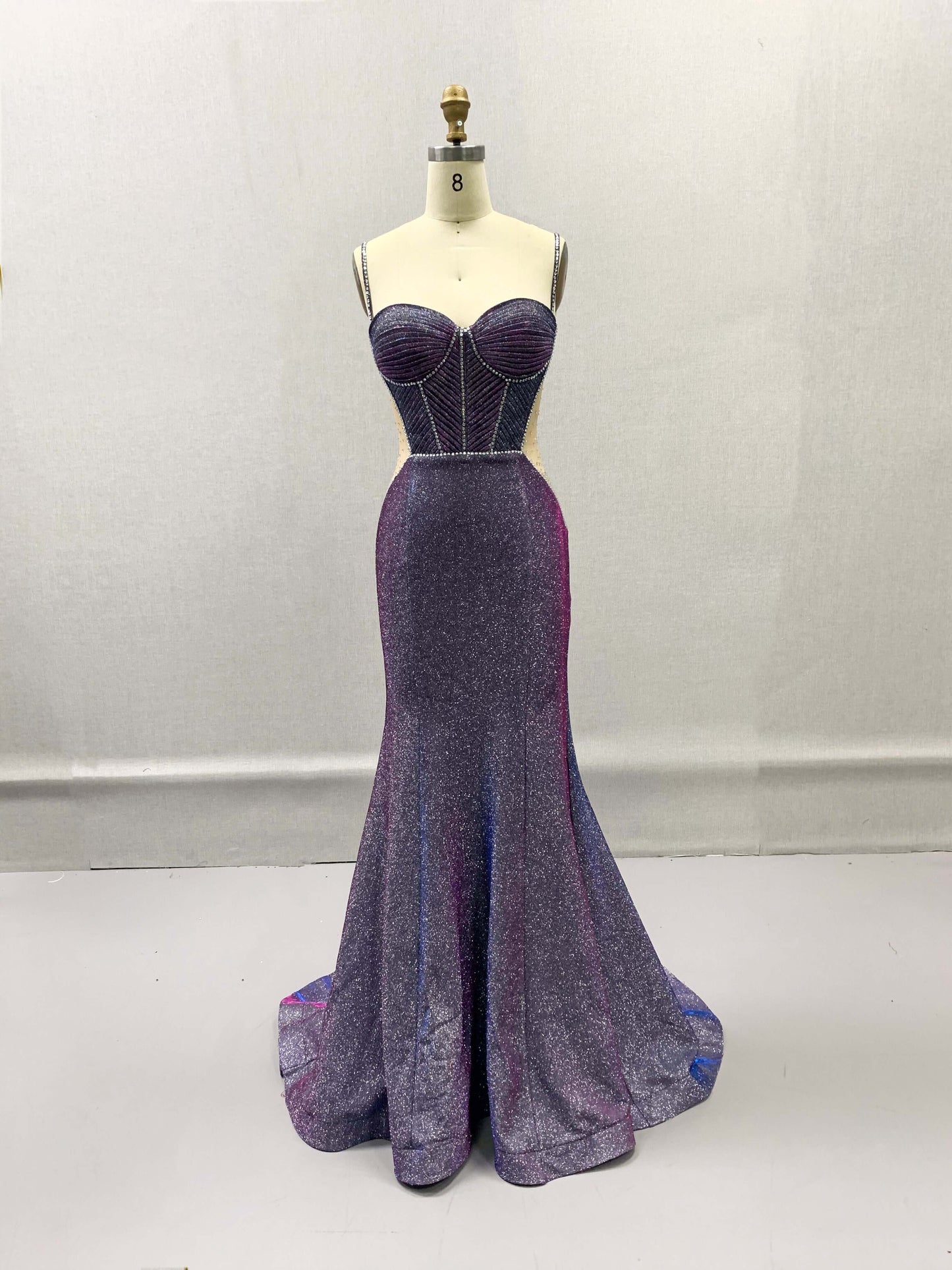 Shimmering Corset Gown – Elegant Floor-Length Evening Dress with Glitter Finish and Spaghetti Straps | Pre order 2349