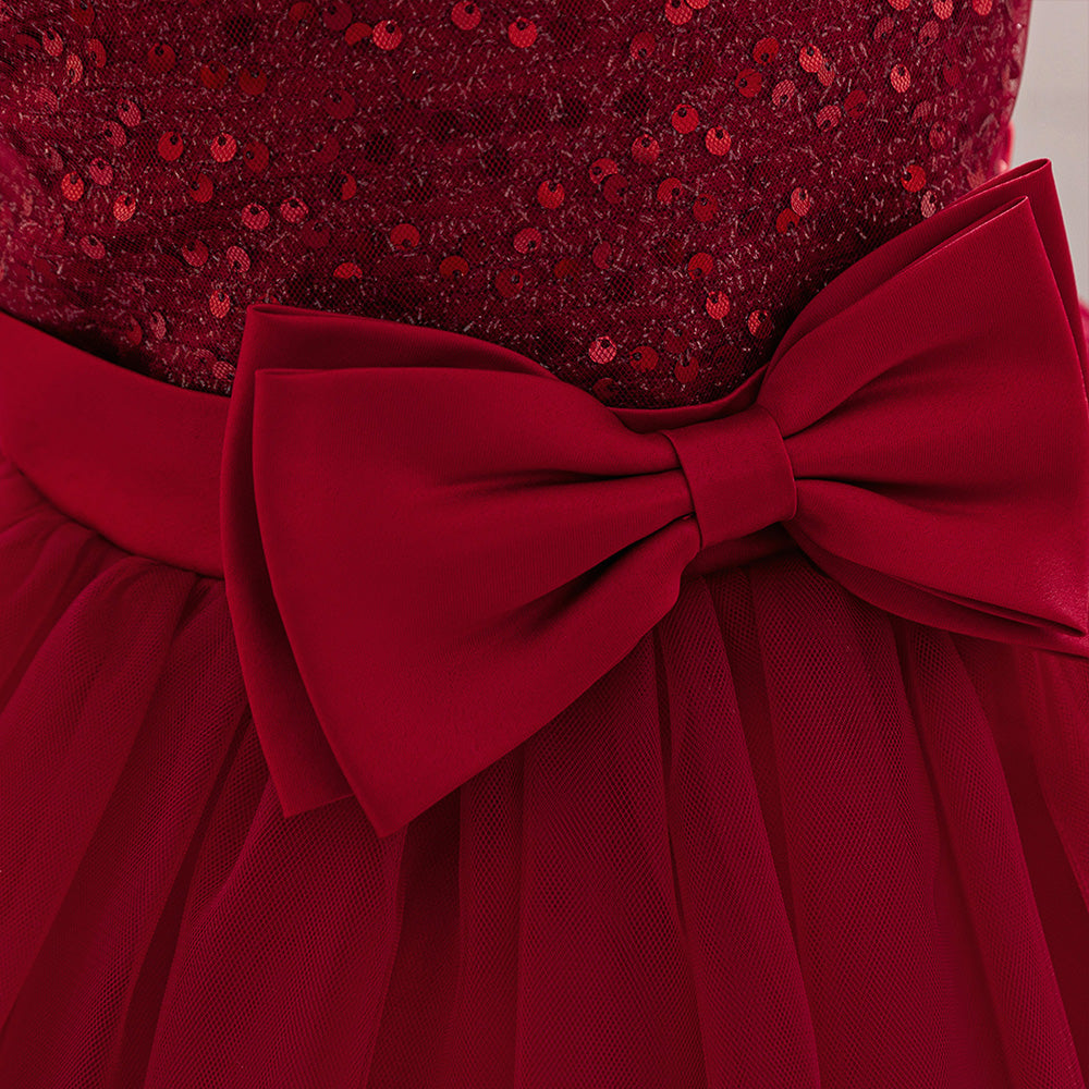 Adorable One-Shoulder Red Sequin Flower Girl Dress with Bow & Tulle Skirt - Perfect for Special Occasions | LAL21