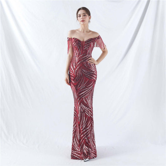 Elegant Off-Shoulder Red Sequin Gown with Fringe Sleeves for Formal Occasions | 31963