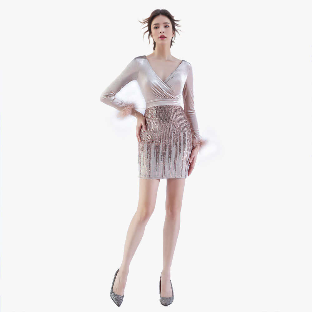 V-neck dress, sequin party dress, long sleeve homecoming dress, evening events dress, special occasions dress
