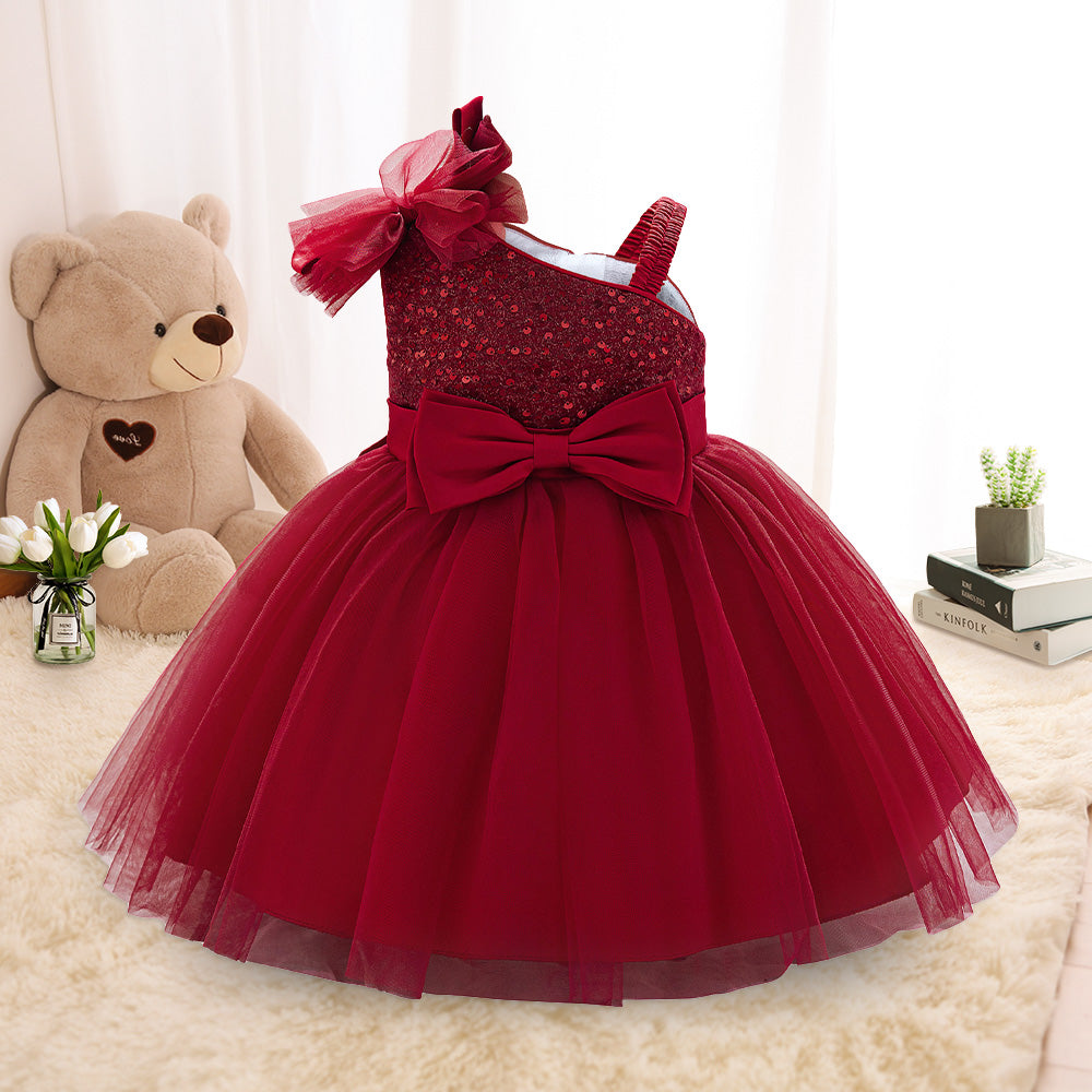 Adorable One-Shoulder Red Sequin Flower Girl Dress with Bow & Tulle Skirt - Perfect for Special Occasions | LAL21