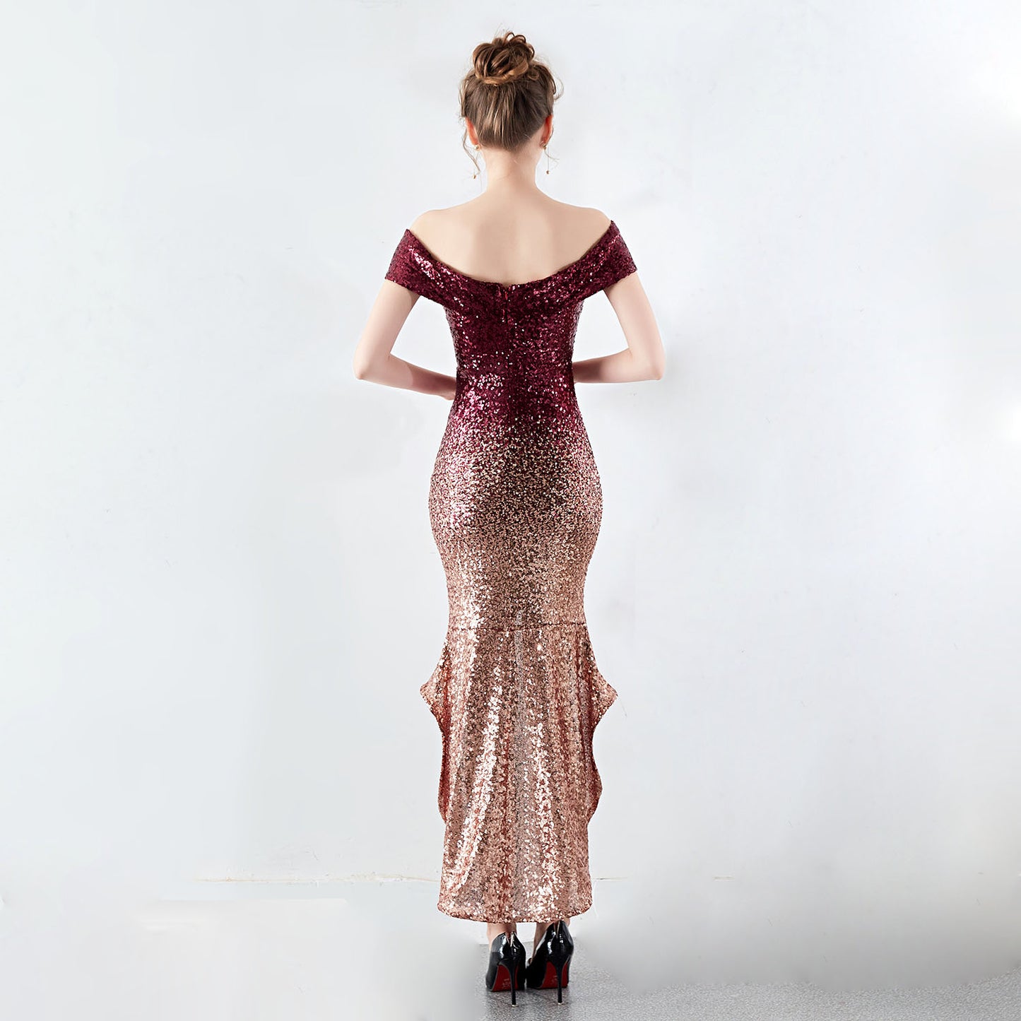 Stunning Ombre Sequin Off-Shoulder Evening Dress with High-Low Hemline and Front Slit – Perfect for Glamorous Occasions | 16173