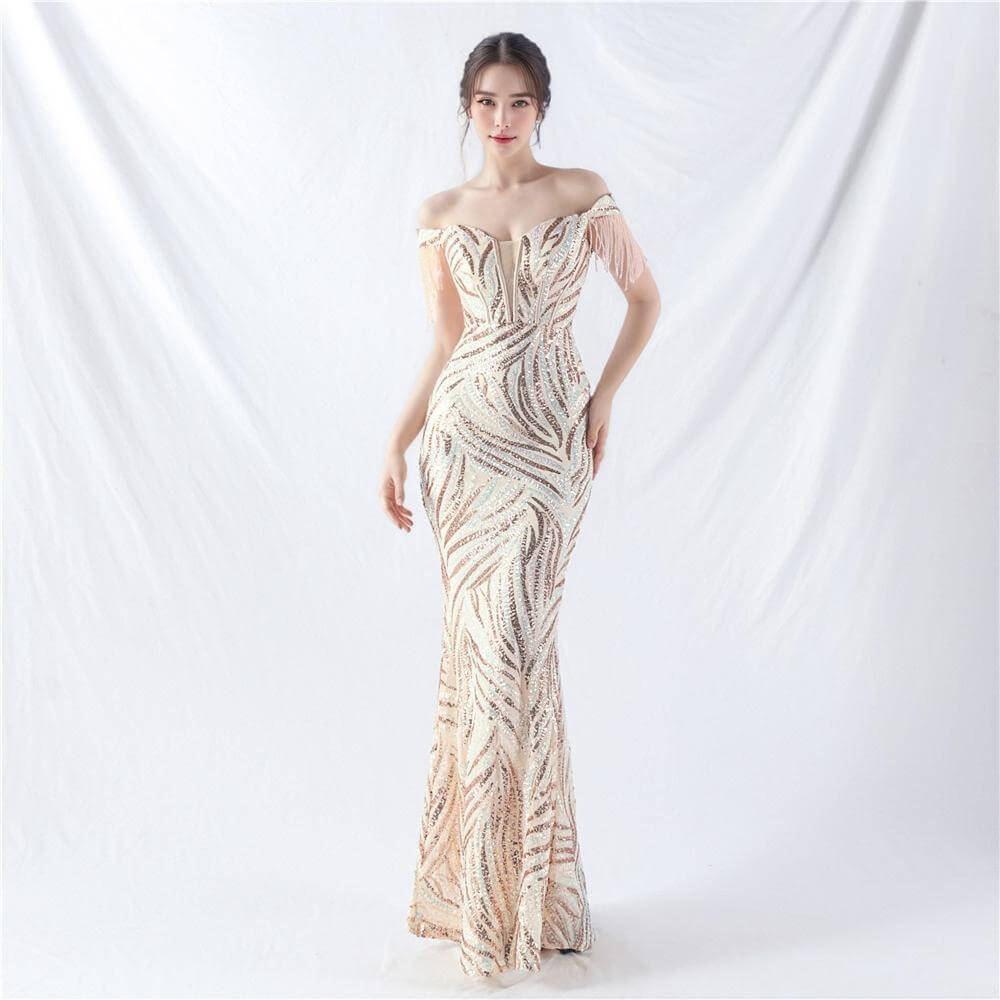 Elegant Off-Shoulder Red Sequin Gown with Fringe Sleeves for Formal Occasions | 31963