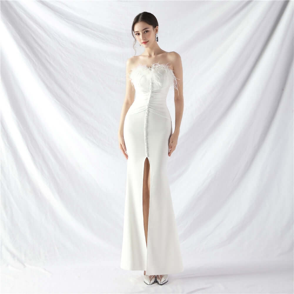 Stretchy Jersey Evening Dress Feather Neckline Center Front Slit Buttons Line-Perfect for Prom& Formal Events