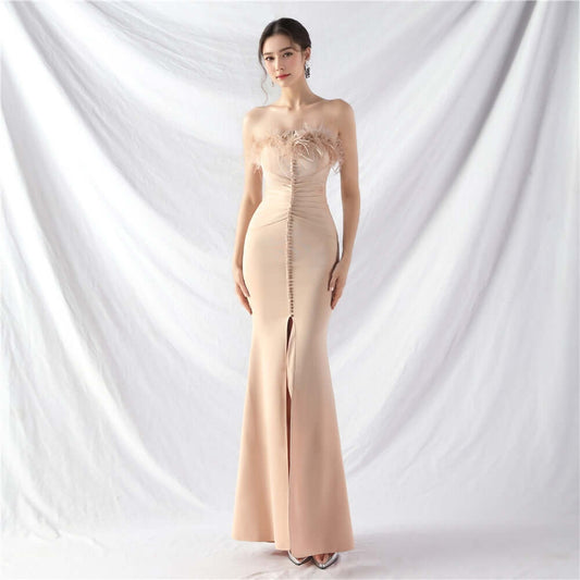 Stretchy Jersey Evening Dress Feather Neckline Center Front Slit Buttons Line-Perfect for Prom& Formal Events