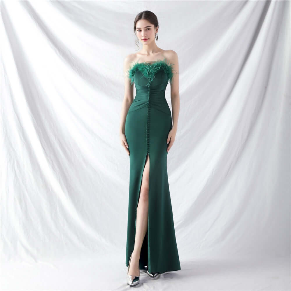 Stretchy Jersey Evening Dress Feather Neckline Center Front Slit Buttons Line-Perfect for Prom& Formal Events