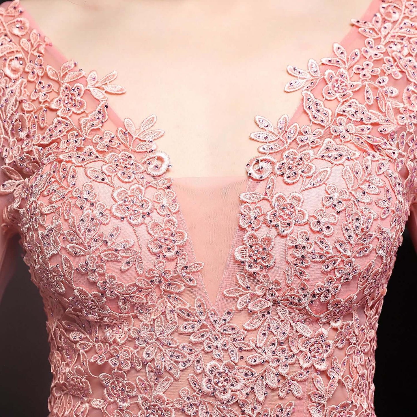 Elegant Nude Pink Long Sleeve Mermaid Evening Gown with Lace Applique | 18659