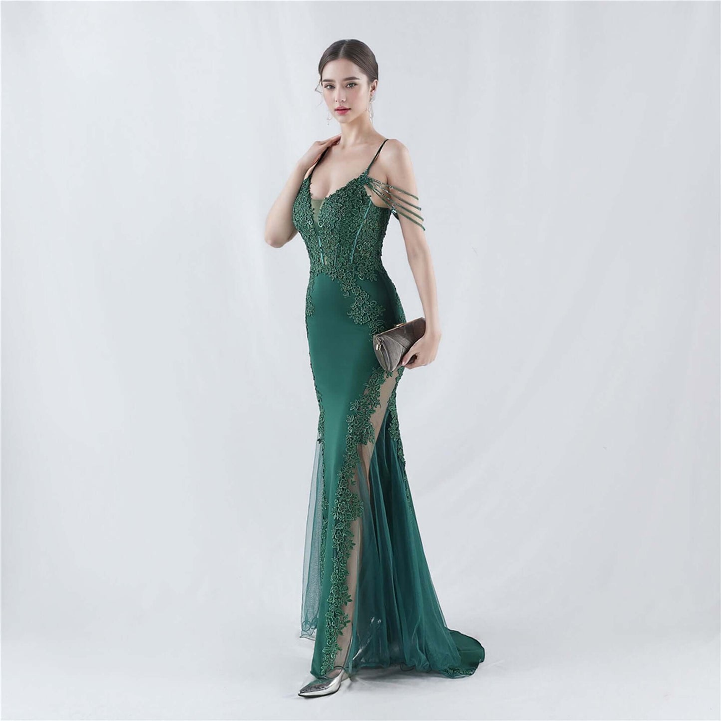 Elegant Green Lace Appliqué Evening Gown with Spaghetti Straps and Side Sheer Panels | 33021