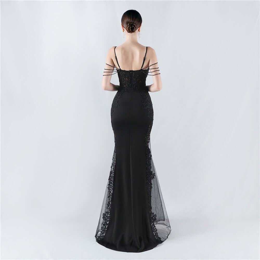 Elegant Green Lace Appliqué Evening Gown with Spaghetti Straps and Side Sheer Panels | 33021