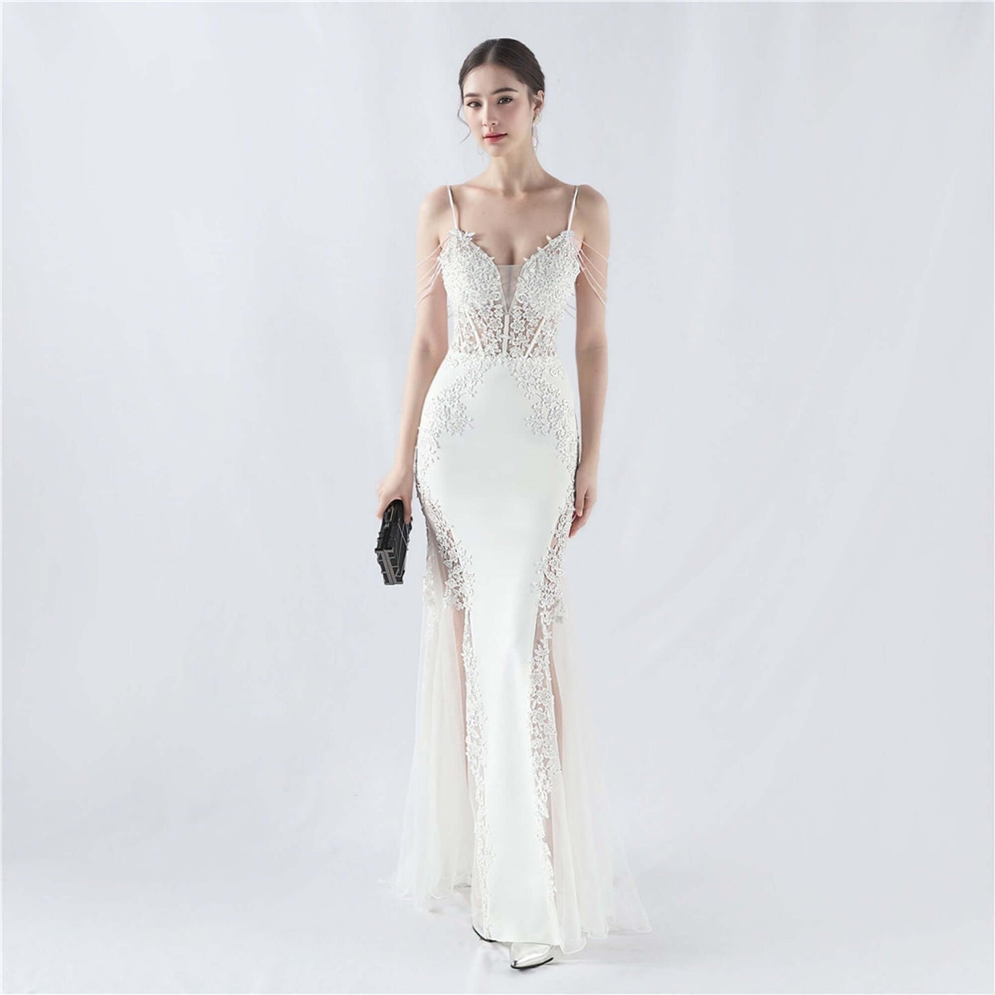 Elegant Green Lace Appliqué Evening Gown with Spaghetti Straps and Side Sheer Panels | 33021