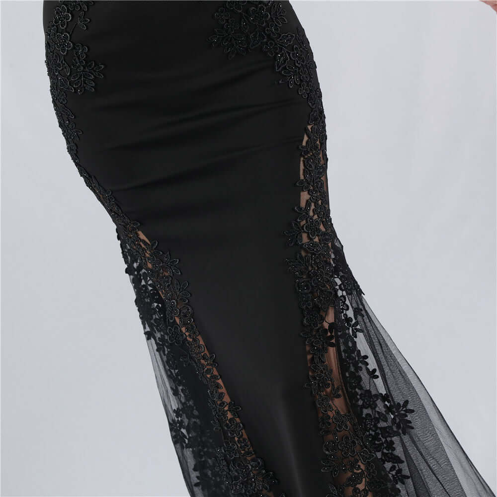 Elegant Green Lace Appliqué Evening Gown with Spaghetti Straps and Side Sheer Panels | 33021